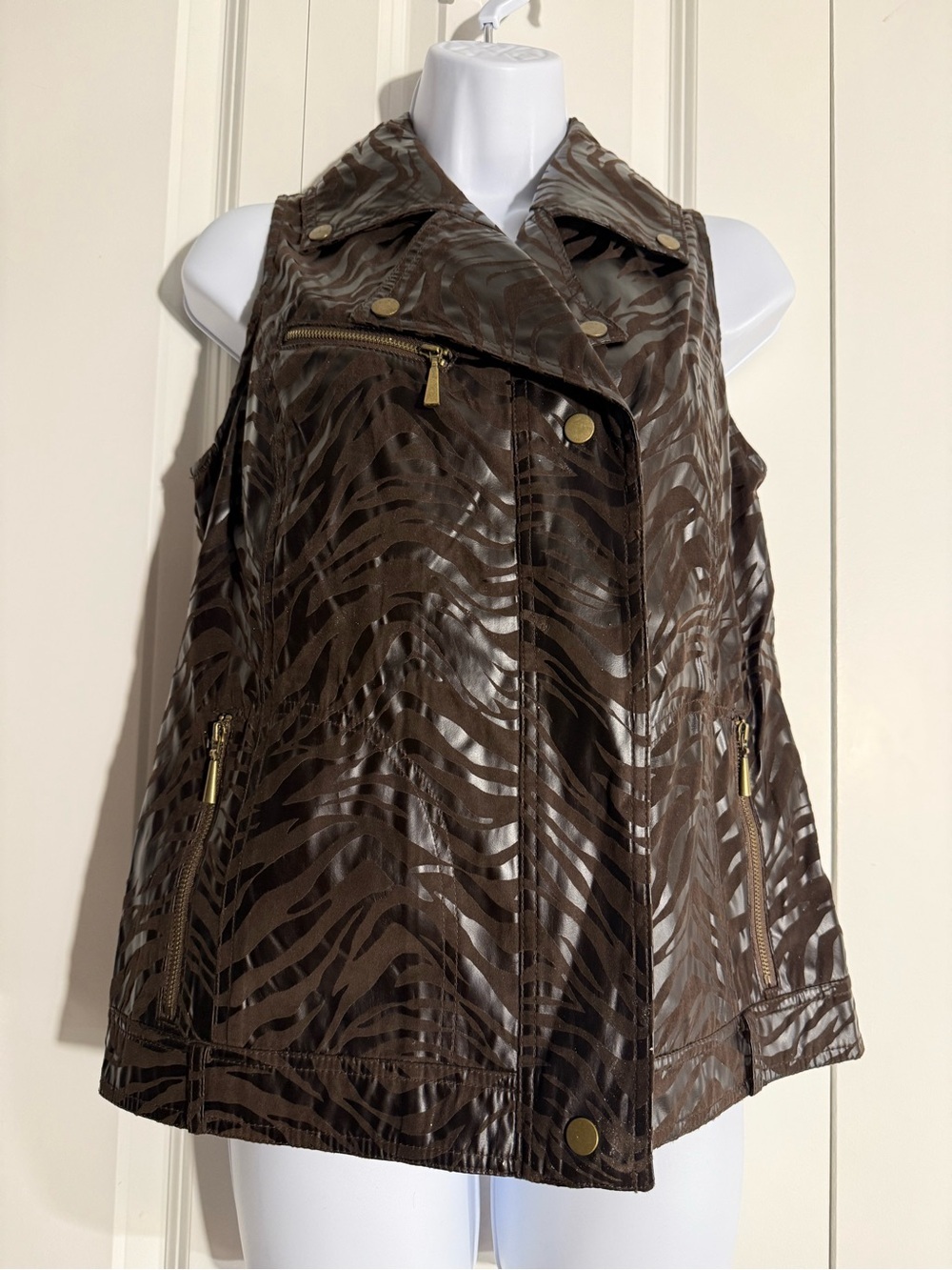 Brown Zebra-Print Faux Leather Moto Vest